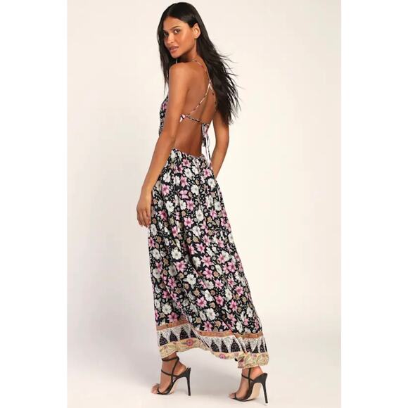Lulus bohemian bliss black floral asymmetrical backless maxi dress - Picture 2 of 10